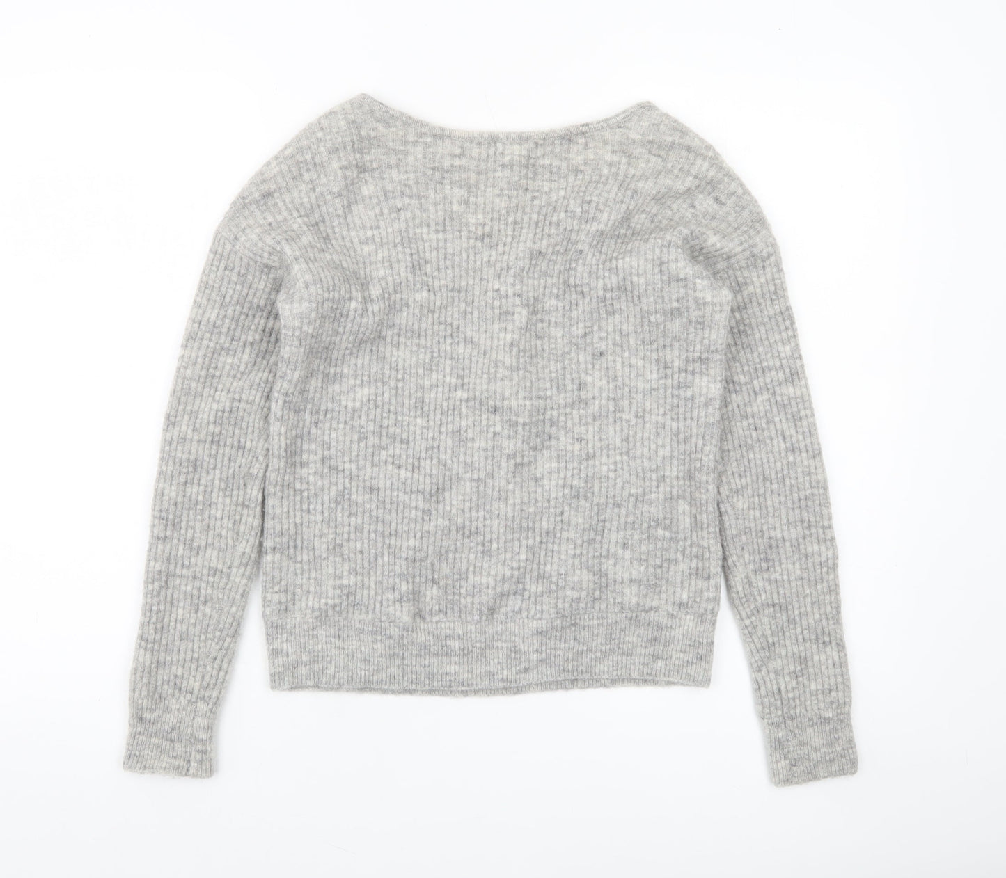 Mint Velvet Womens Grey V-Neck Rib-Knit Lace-Up Bow Jumper XS
