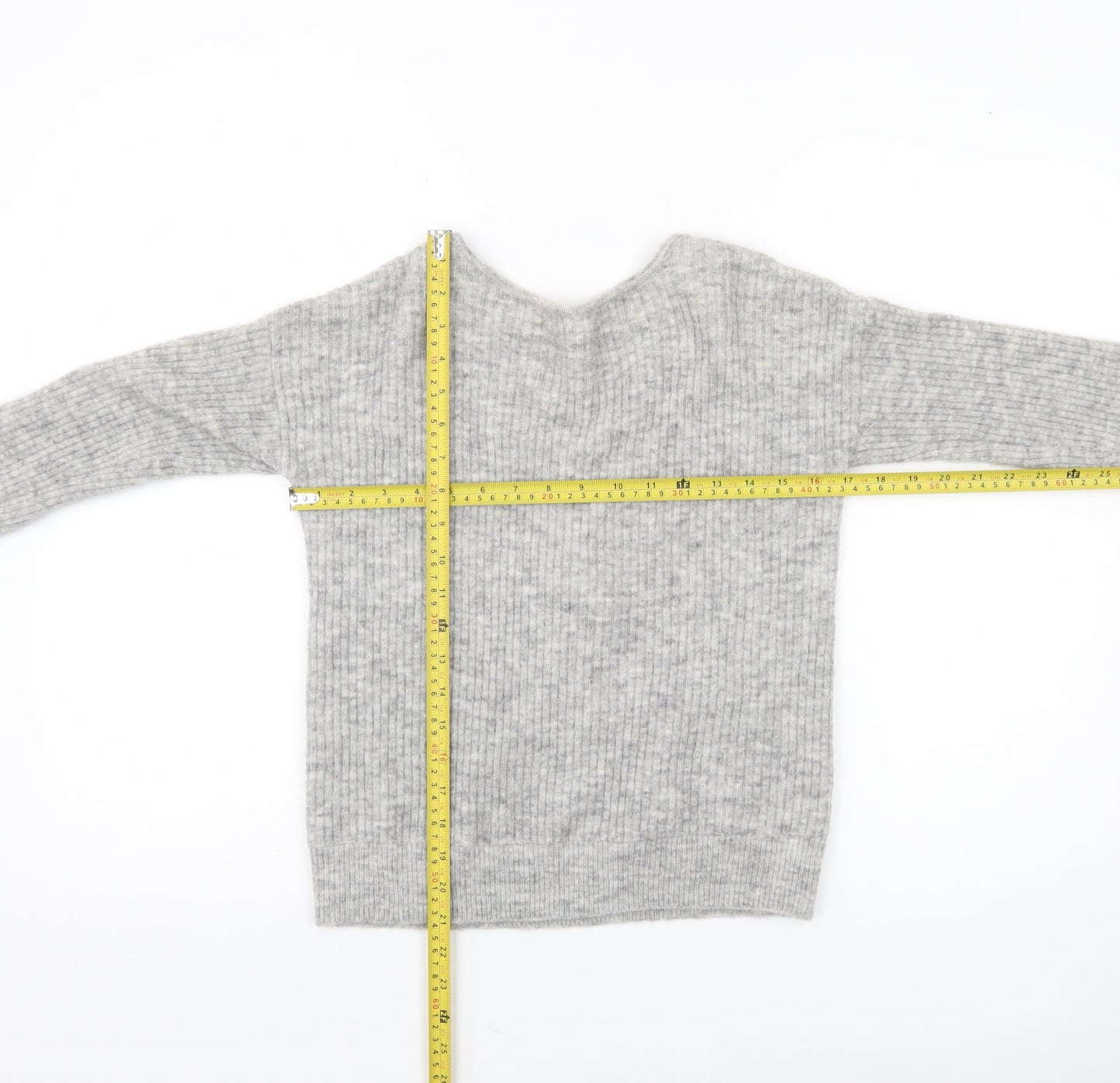 Mint Velvet Womens Grey V-Neck Rib-Knit Lace-Up Bow Jumper XS