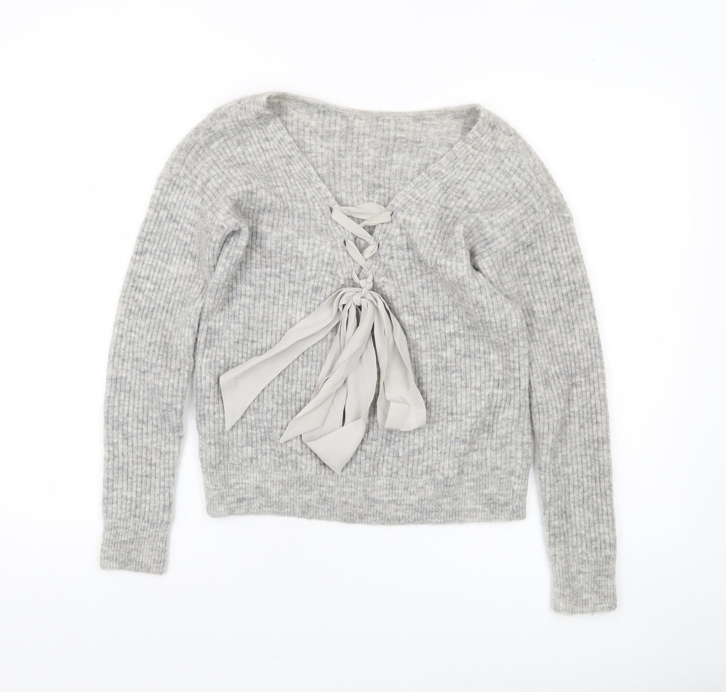 Mint Velvet Womens Grey V-Neck Rib-Knit Lace-Up Bow Jumper XS