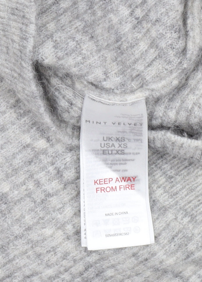 Mint Velvet Womens Grey V-Neck Rib-Knit Lace-Up Bow Jumper XS