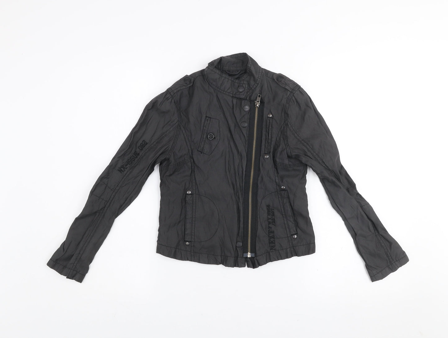 Next Girls Black Biker Jacket 9-10 Years Belted Full Zip Lined Stylish Outerwear
