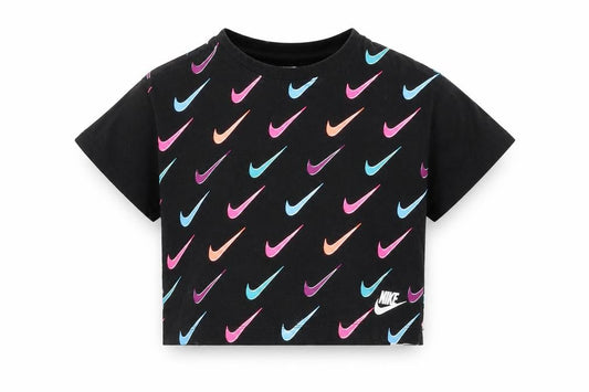 Nike Girls Black Cropped Logo T-Shirt 6-7 Years Cotton Short Sleeve