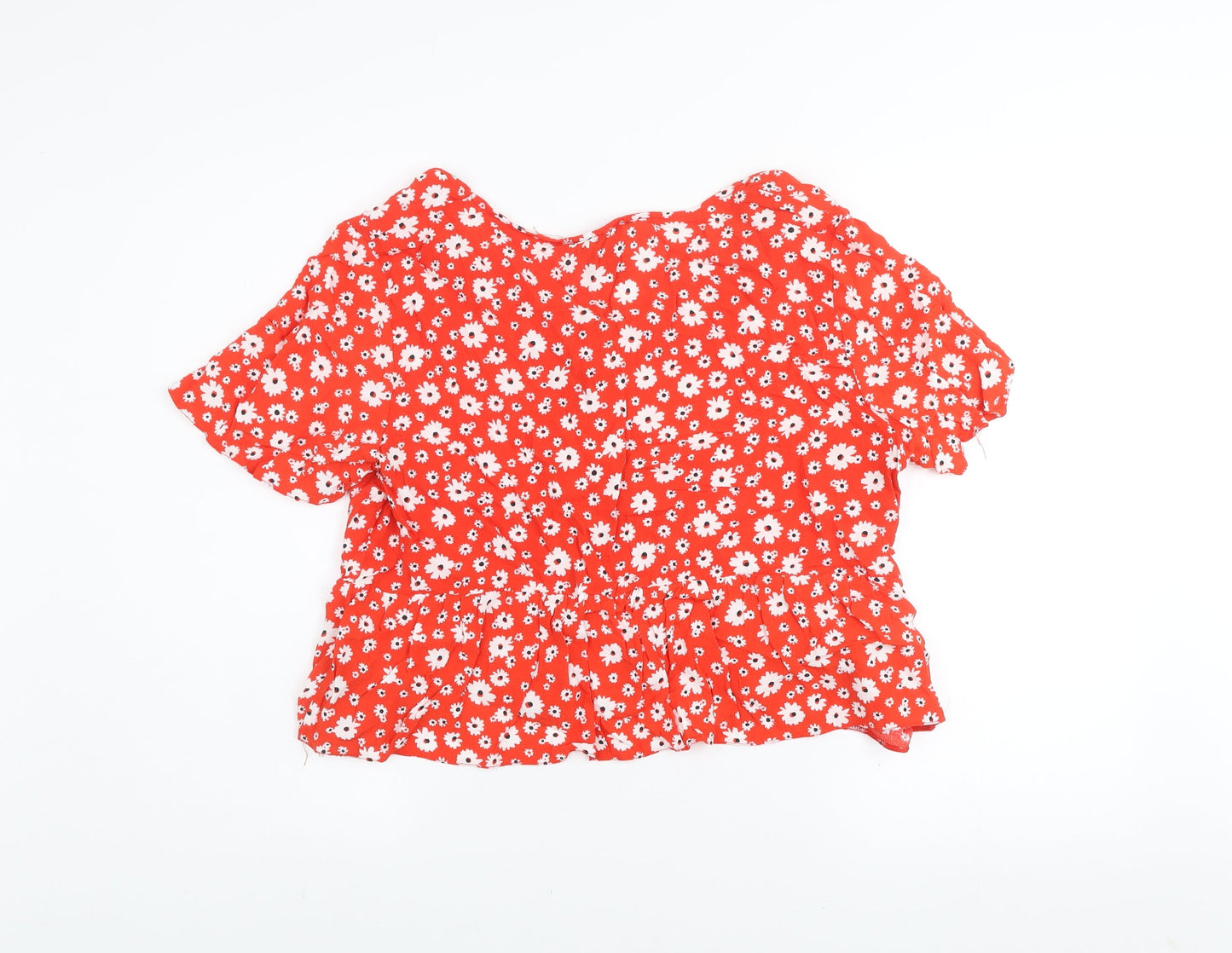 New Look Women Red Floral Cropped V-Neck Blouse UK 16