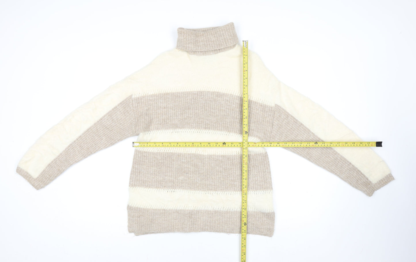 Love & Roses Women's Beige Roll Neck Striped Knit Jumper Size 10