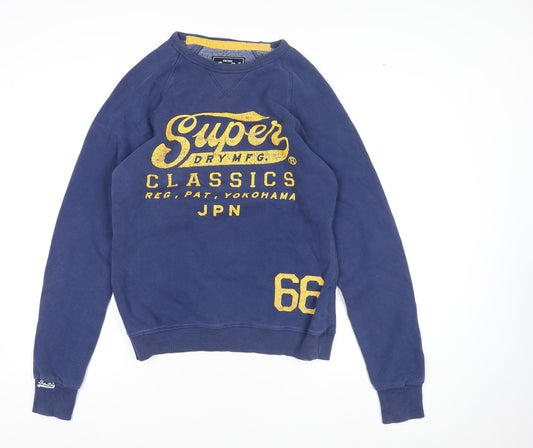 Superdry Men's Blue Pullover Sweatshirt Small Graphic Logo Crew Neck
