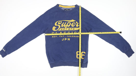 Superdry Men's Blue Pullover Sweatshirt Small Graphic Logo Crew Neck