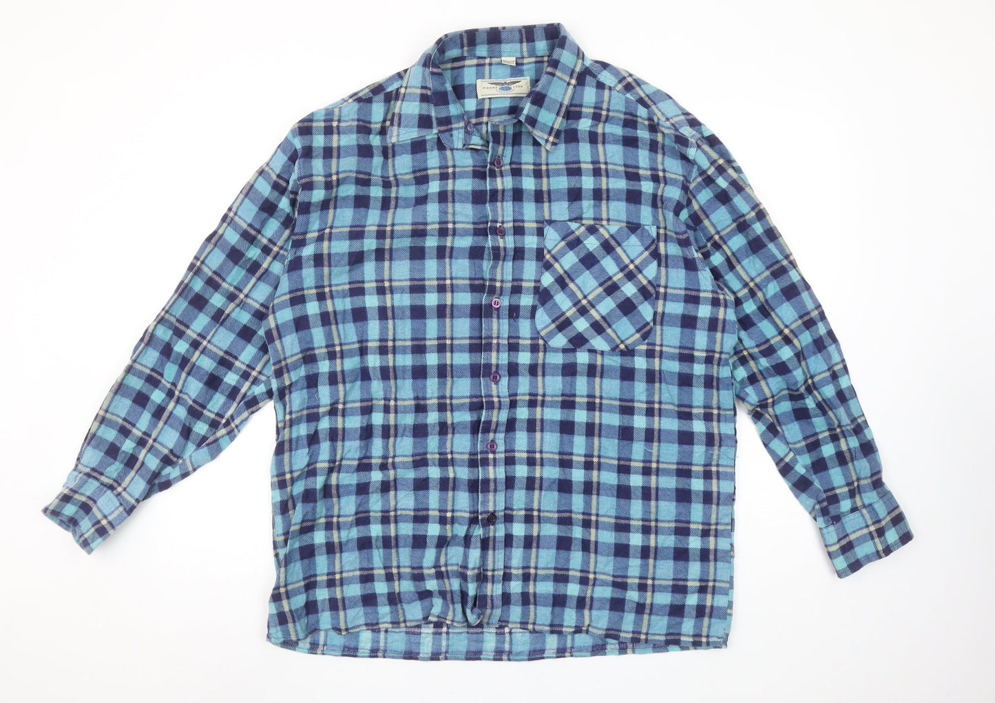 Pierre Leon Men's Blue Checked Flannel Long Sleeve Casual Shirt L