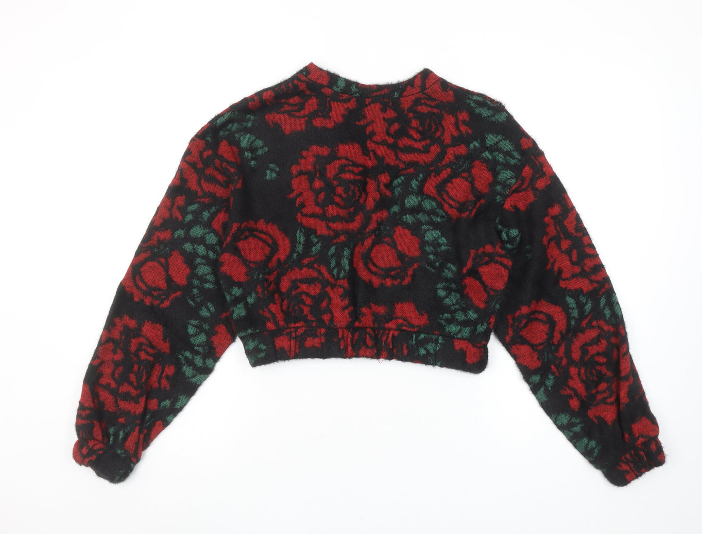 Bershka Women’s Black Red Floral Knit Pullover Jumper Size 8