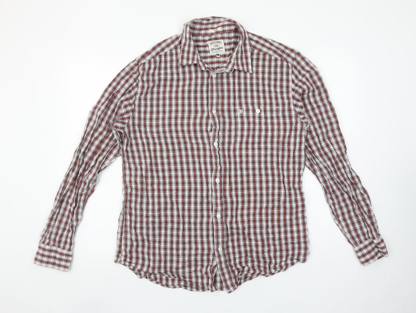 Wrangler Men's Red Checked Cotton Long Sleeve Button-Up Shirt L