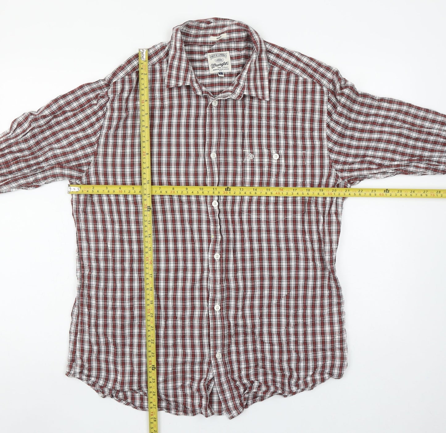 Wrangler Men's Red Checked Cotton Long Sleeve Button-Up Shirt L