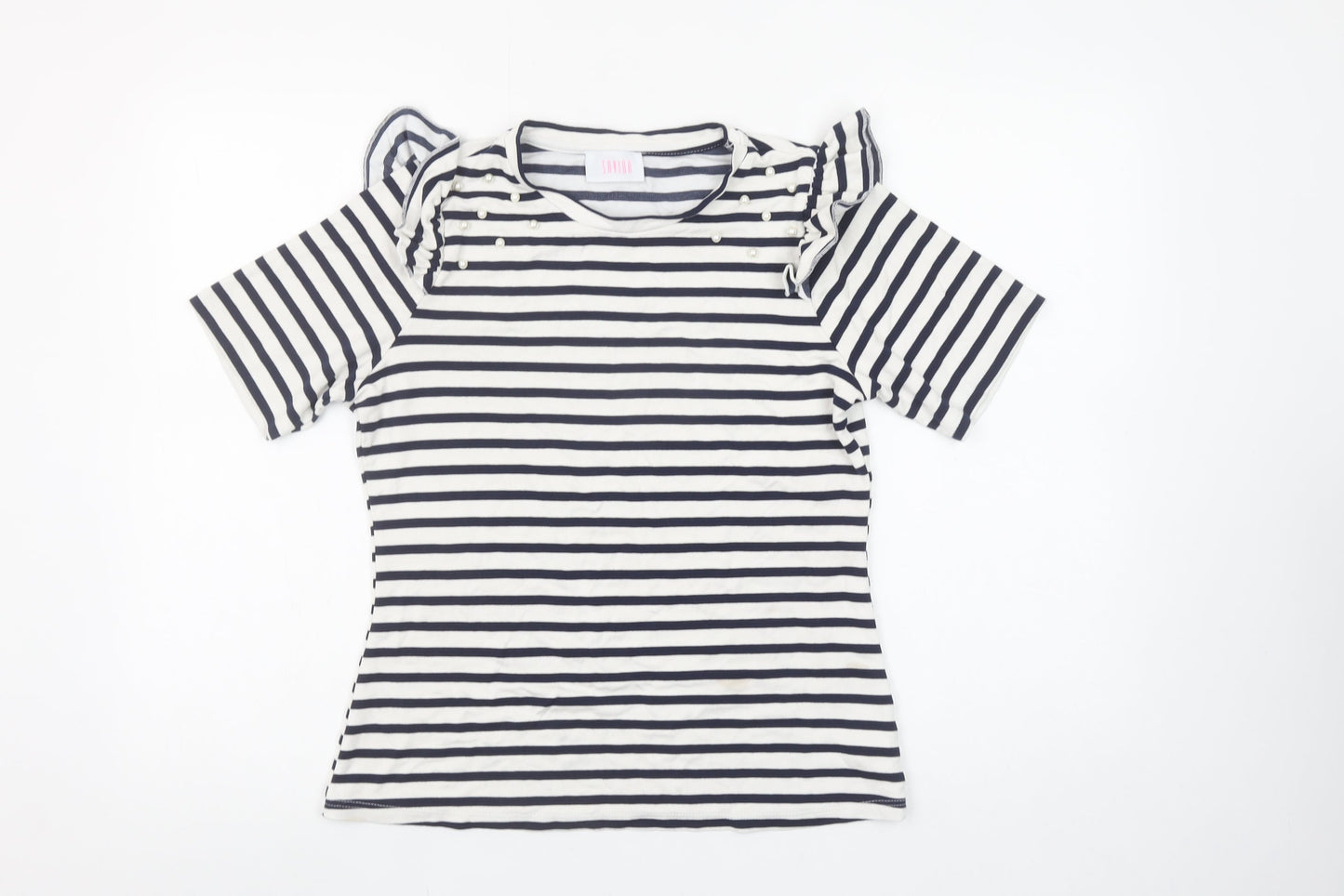 Savida Women’s Blue Striped Short Sleeve Ruffle T-Shirt Size 12