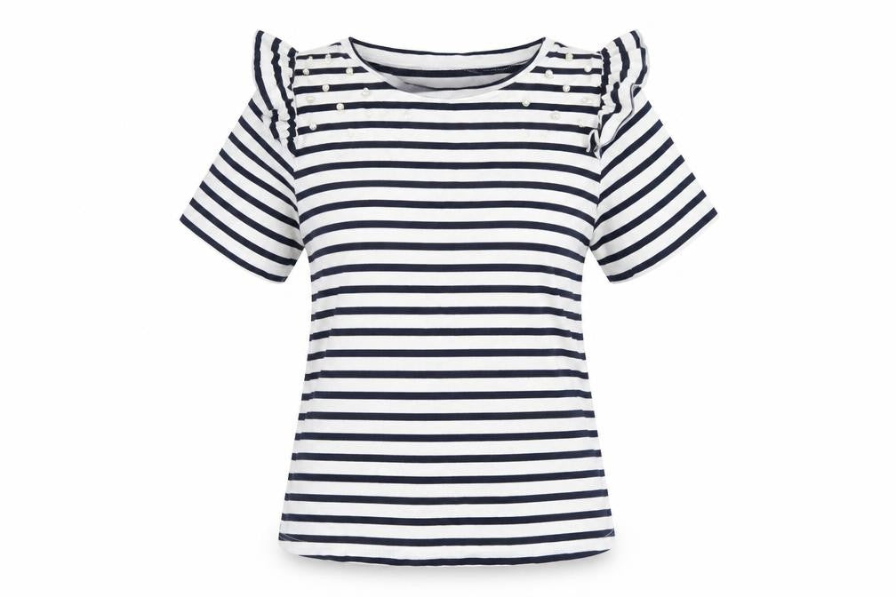 Savida Women’s Blue Striped Short Sleeve Ruffle T-Shirt Size 12