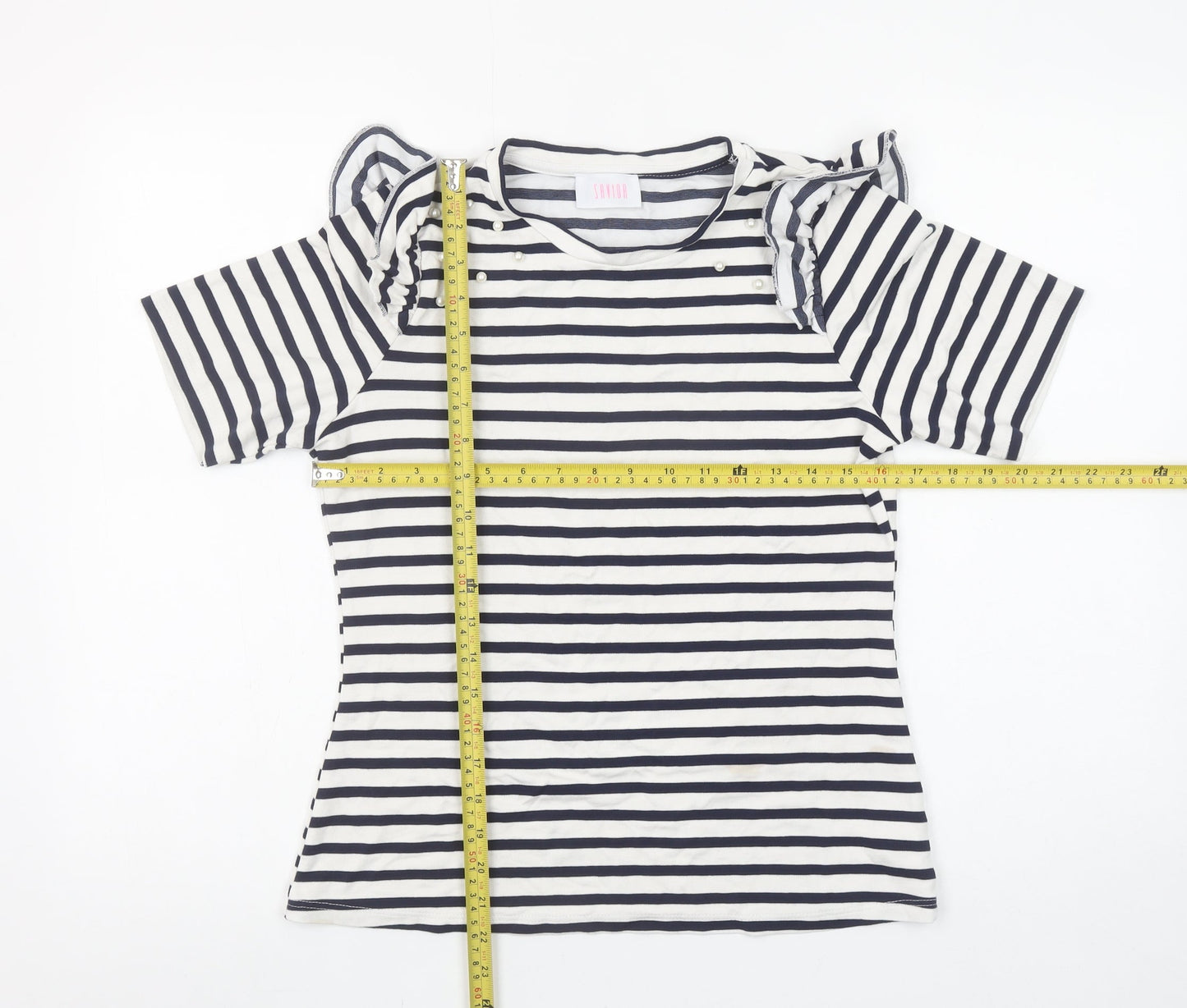 Savida Women’s Blue Striped Short Sleeve Ruffle T-Shirt Size 12