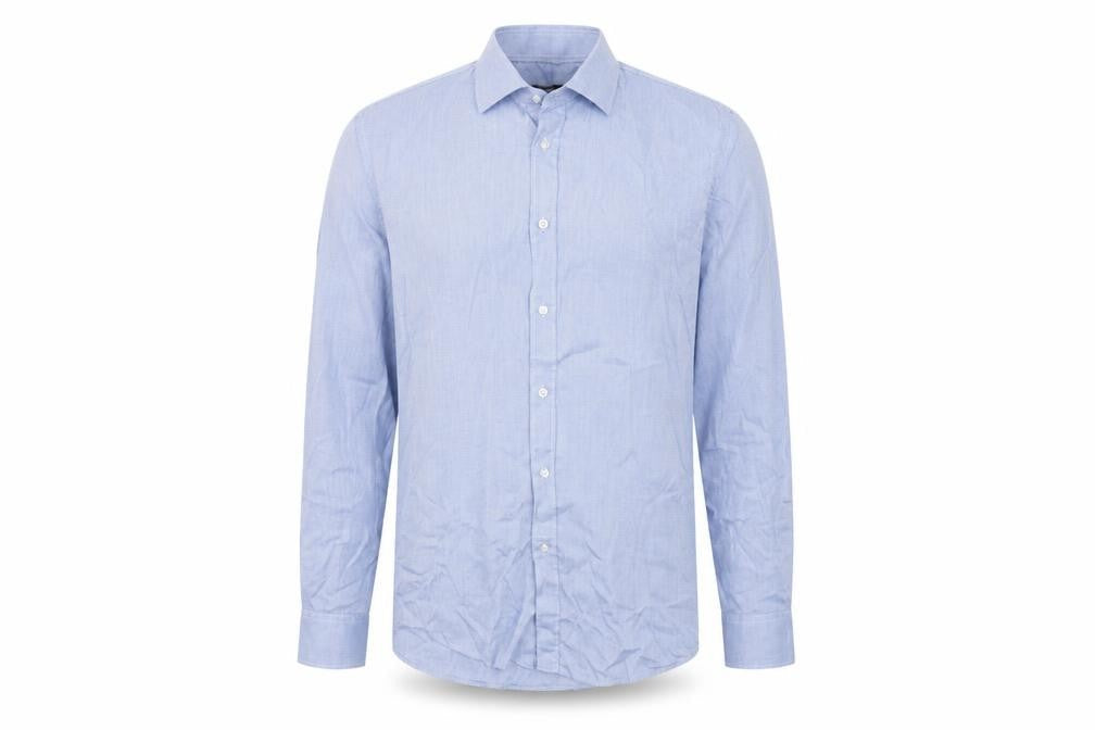 Front view of Dunnes Men's Blue Cotton Blend Regular Fit Long Sleeve Shirt, size 16”