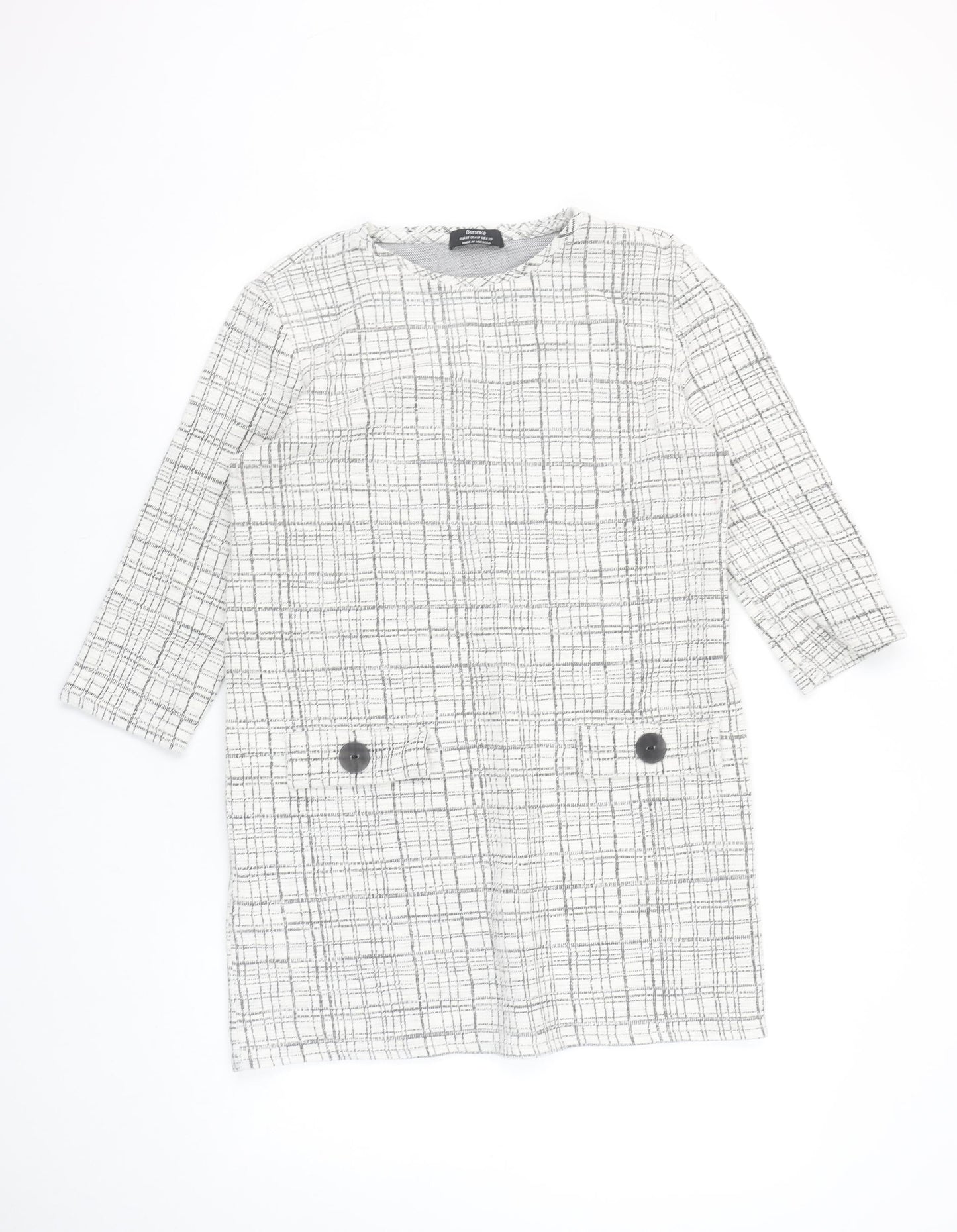 Bershka Women Grey Check Shift Dress Size 10 3/4 Sleeve
