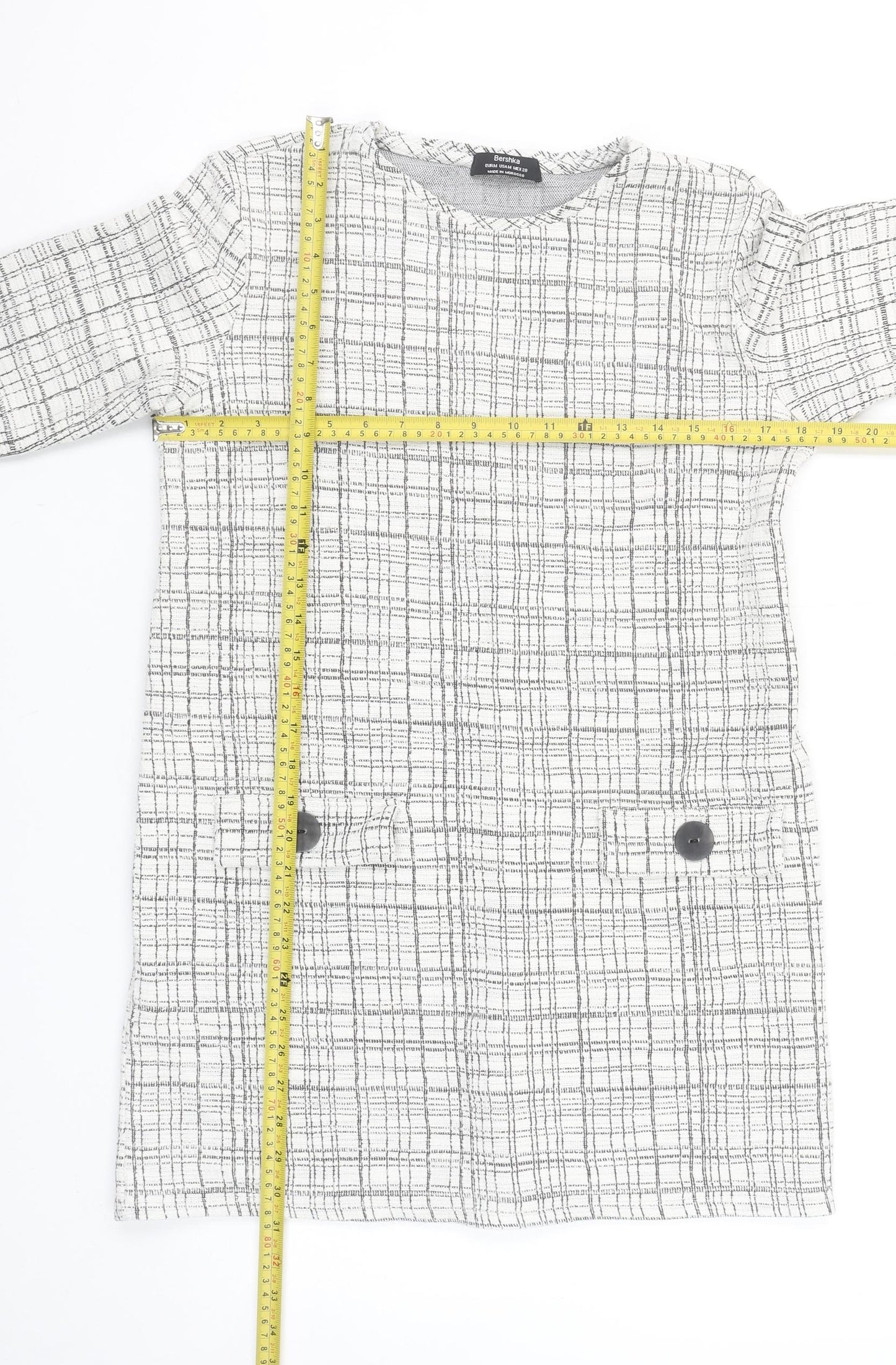 Bershka Women Grey Check Shift Dress Size 10 3/4 Sleeve