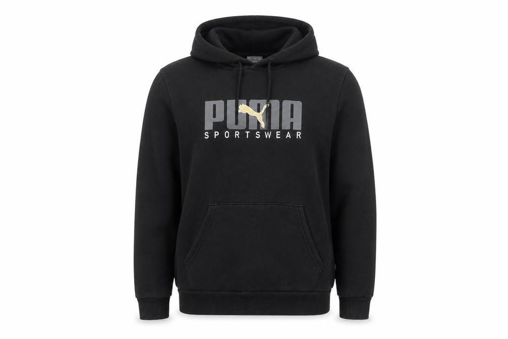 Front view of Puma Men's Black Pullover Hoodie M Graphic Sportswear Fleece