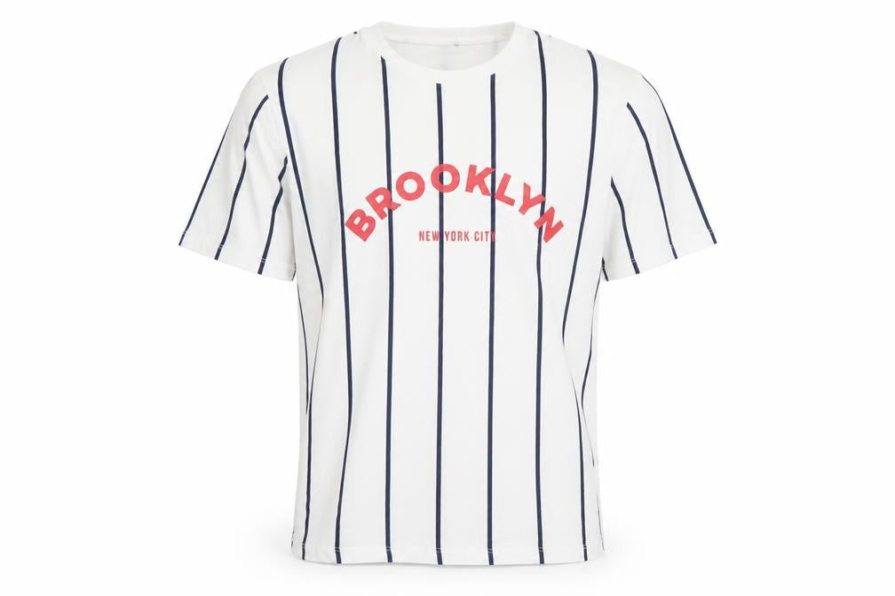 Primark Men's White Striped Brooklyn Graphic T-Shirt M