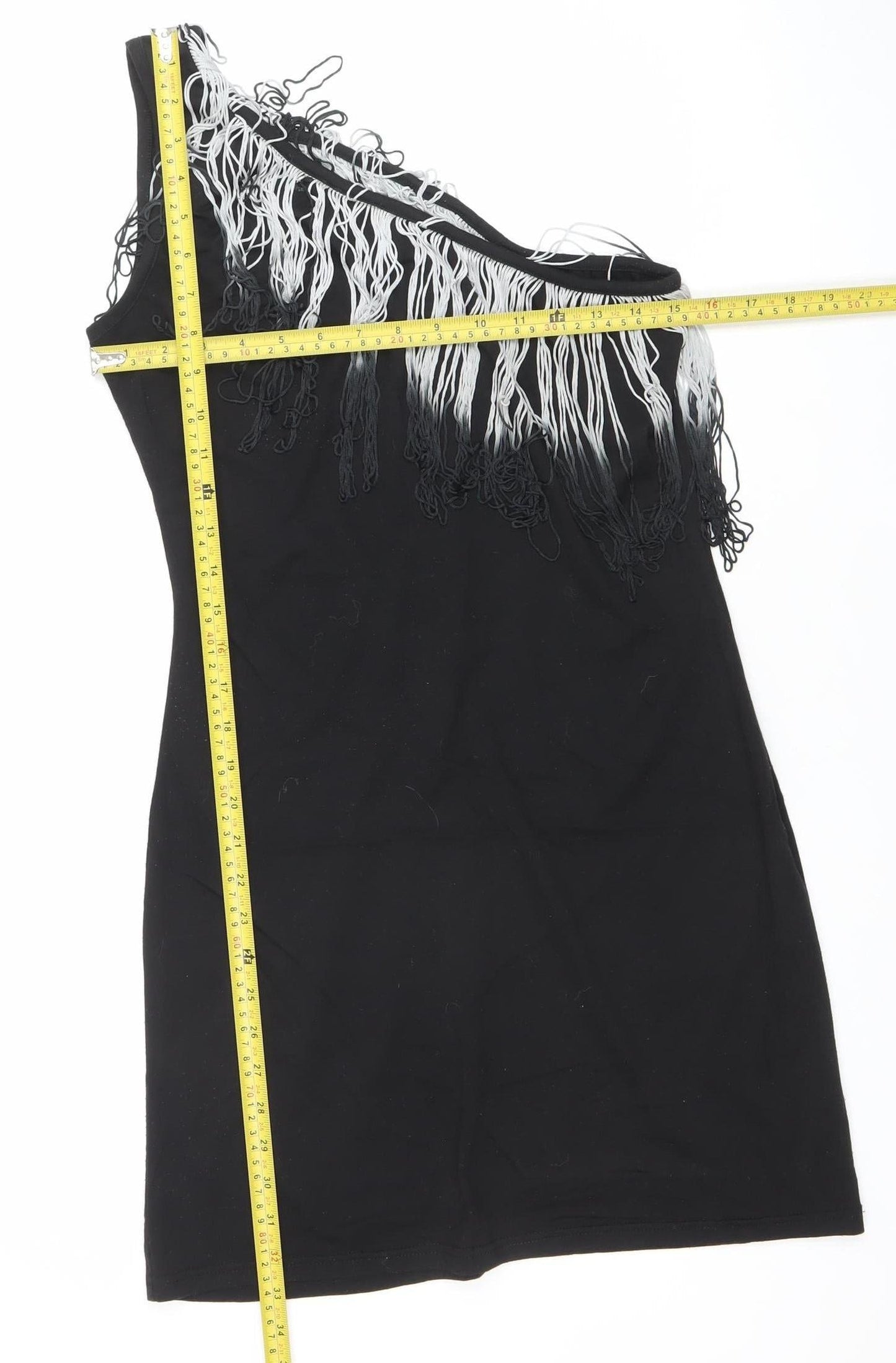 Lipsy Women’s Black Size 12 One Shoulder Fringe Bodycon Party Dress