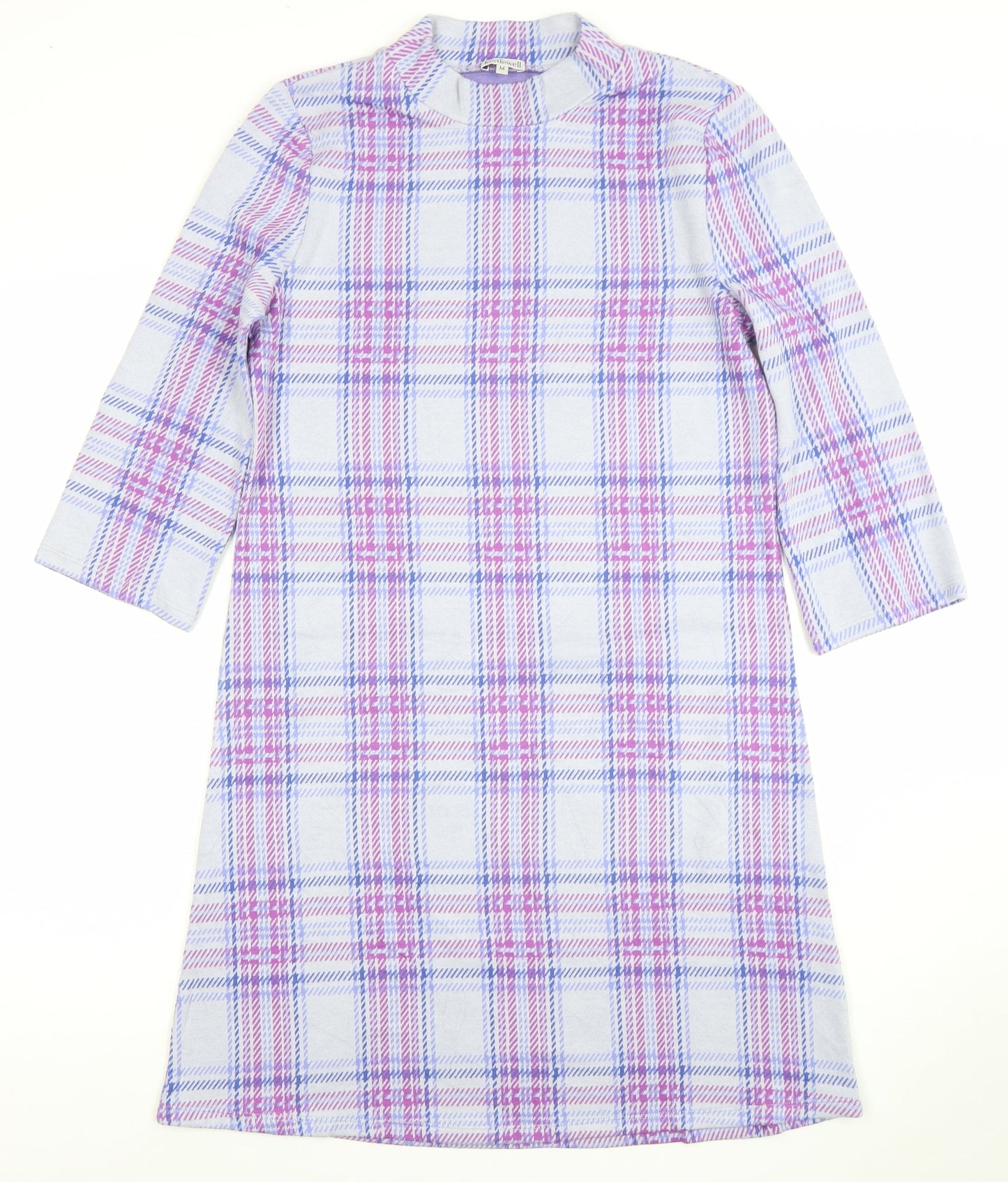 Kettlewell Women’s Purple Check Shift Dress M 3/4 Sleeve Cotton Stretch