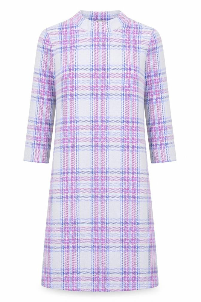 Kettlewell Women’s Purple Check Shift Dress M 3/4 Sleeve Cotton Stretch
