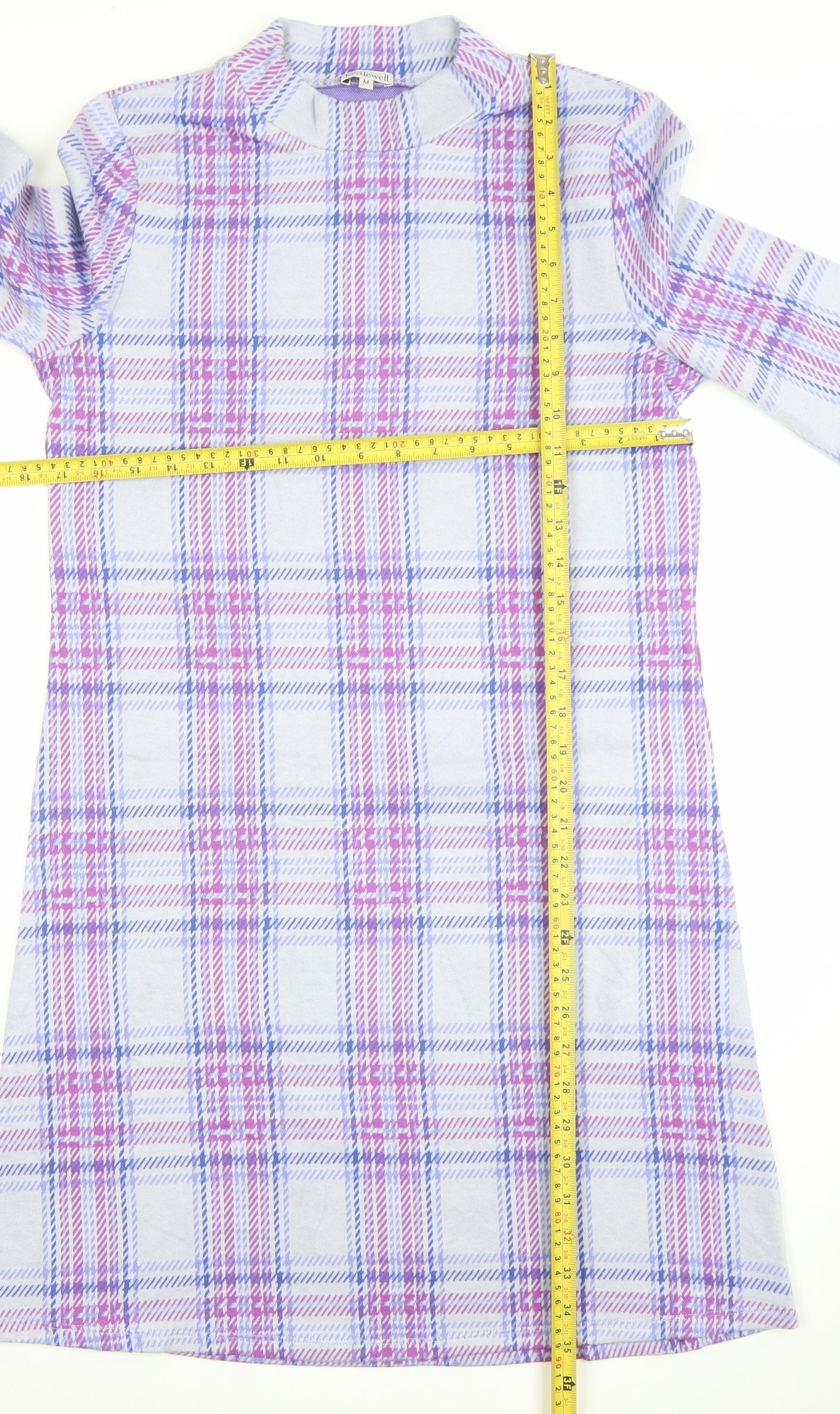 Kettlewell Women’s Purple Check Shift Dress M 3/4 Sleeve Cotton Stretch