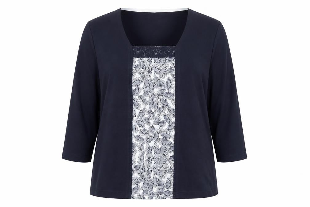 Dash Womens Blue Floral Panel 3/4 Sleeve Tunic Blouse Size 14