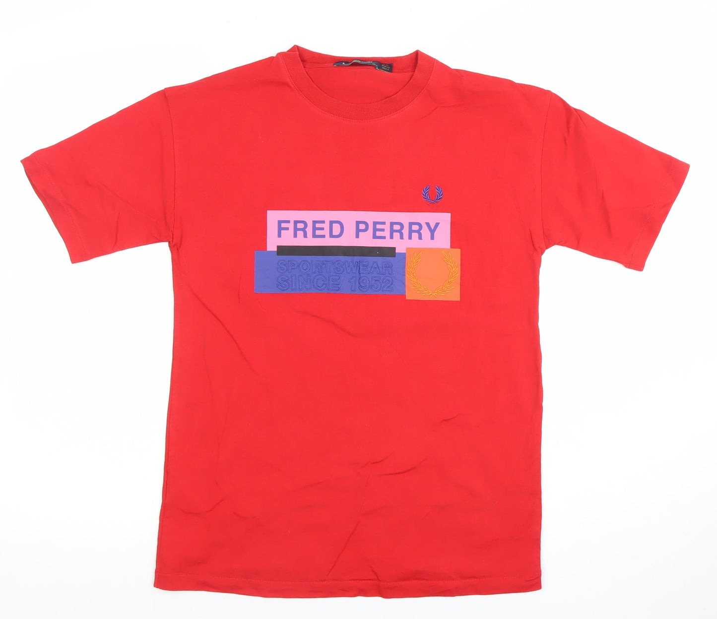 Fred Perry Men's Red Graphic Logo T-Shirt Size S Cotton Crew Neck