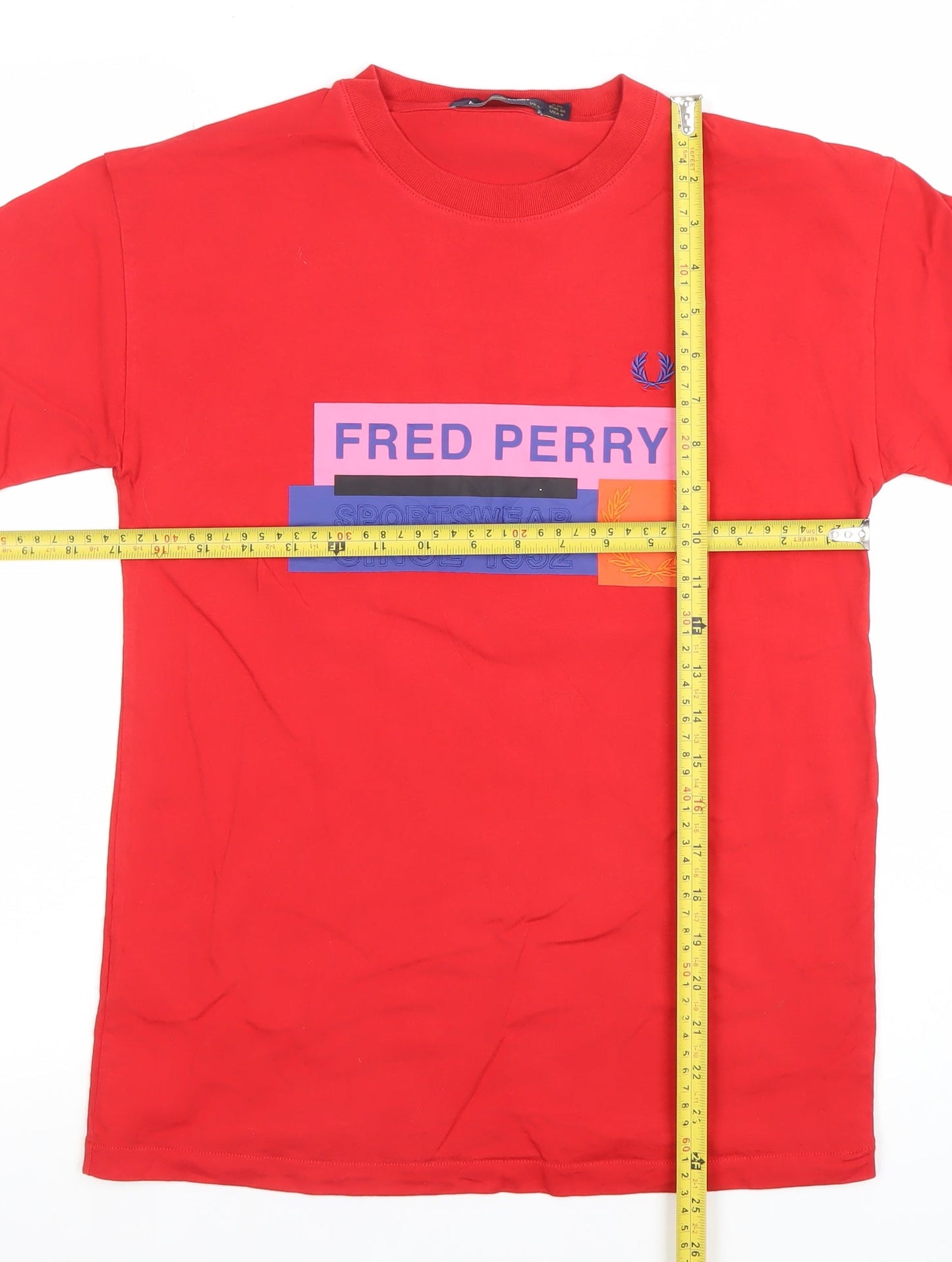 Fred Perry Men's Red Graphic Logo T-Shirt Size S Cotton Crew Neck