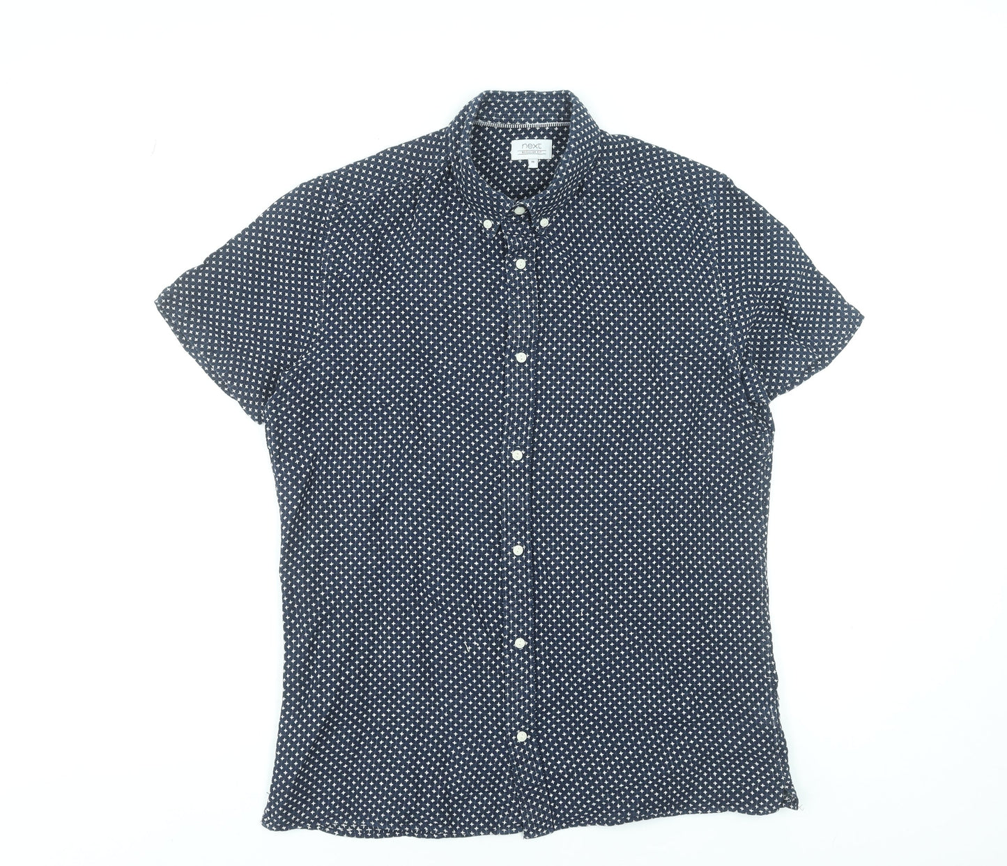Next Men Blue Geometric Short Sleeve Button-Up Linen Cotton Shirt M
