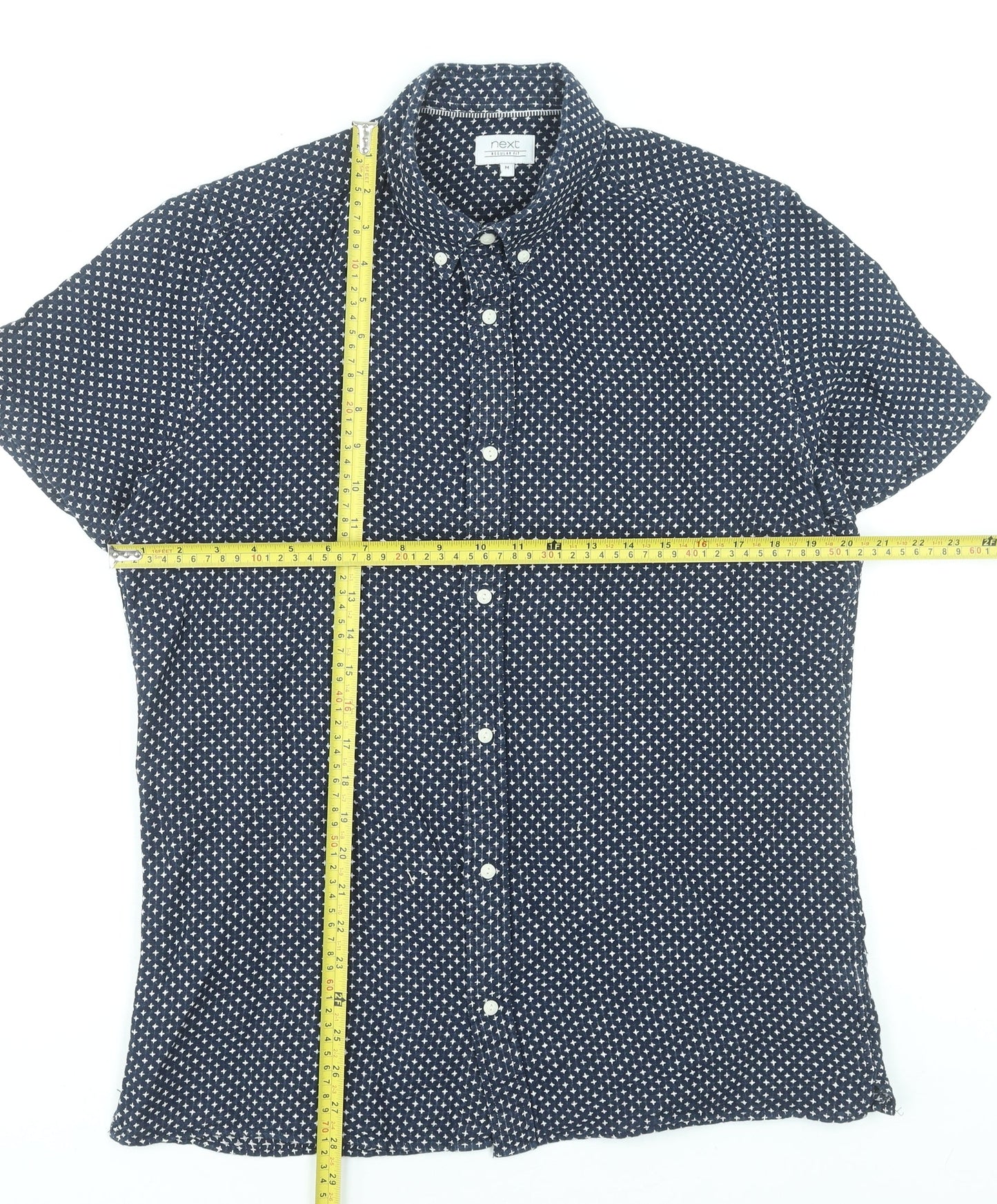 Next Men Blue Geometric Short Sleeve Button-Up Linen Cotton Shirt M