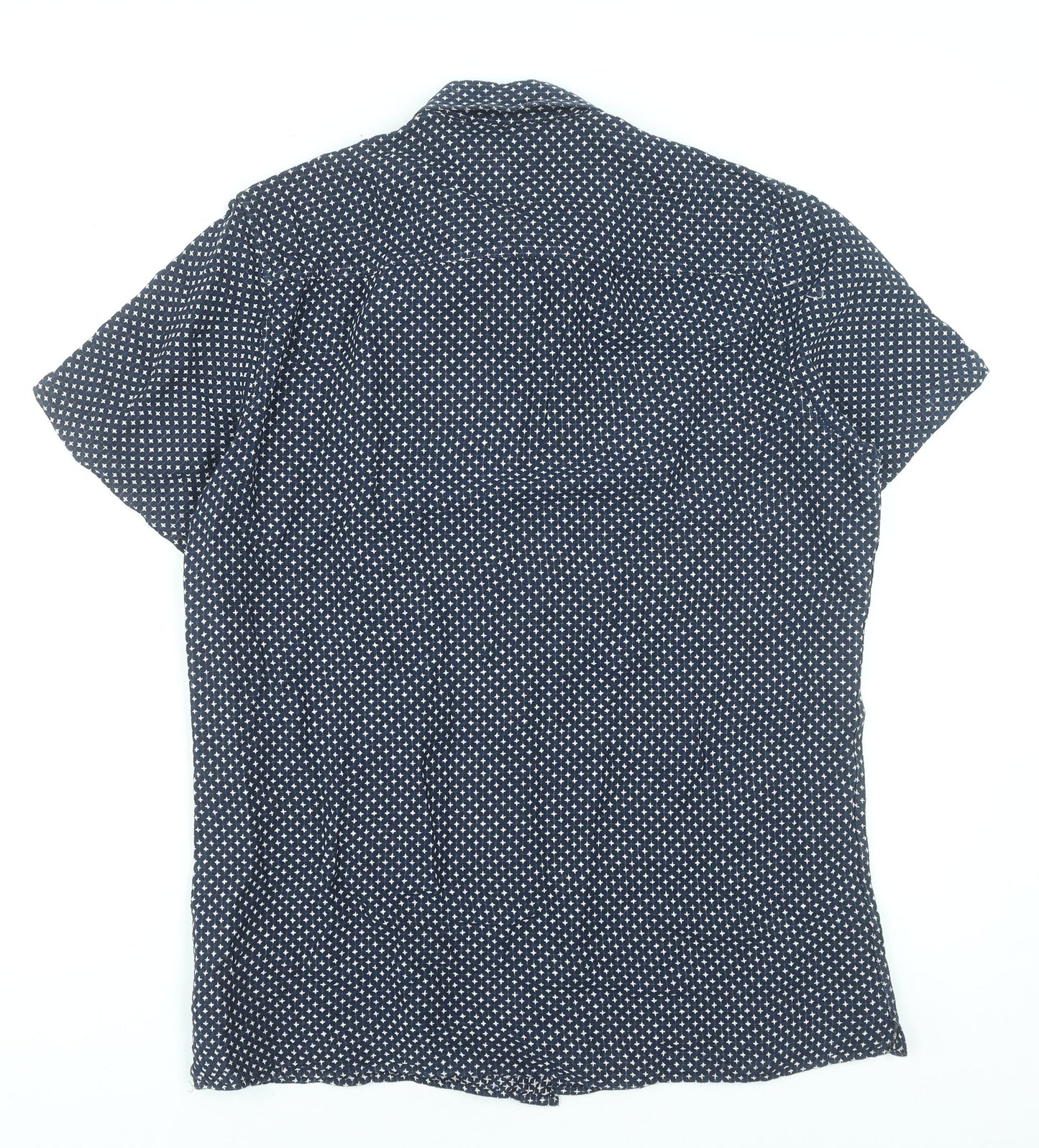 Next Men Blue Geometric Short Sleeve Button-Up Linen Cotton Shirt M