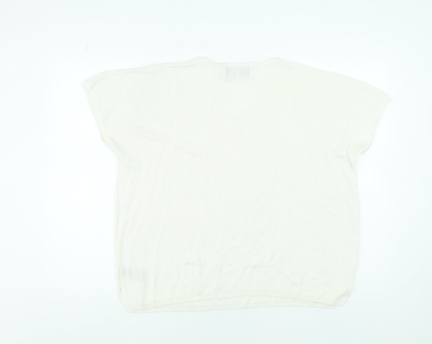 Paul Costelloe Women Cream V-Neck Short Sleeve Jumper Size L Viscose Blend