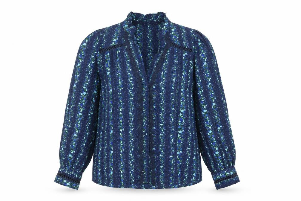 Savida Women Blue Floral Long Sleeve Polyester Tunic Blouse Size 14
