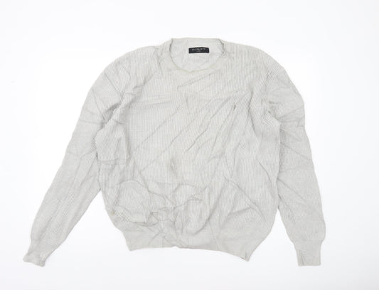 AllSaints Men’s Grey Waffle Knit Cotton Jumper L Crew Neck