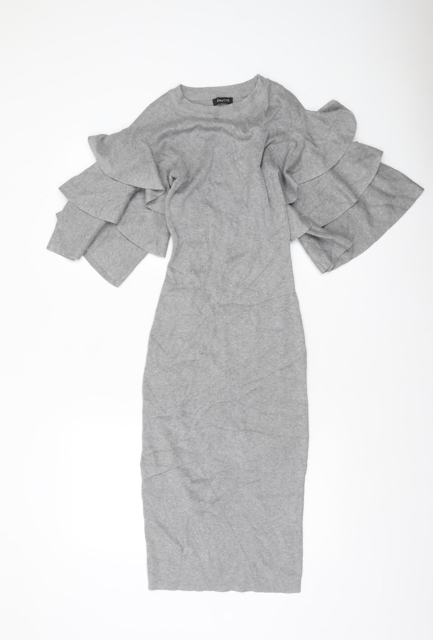 CQ by CQ Women Grey Midi Bodycon Knit Dress Small Ruffle Sleeves