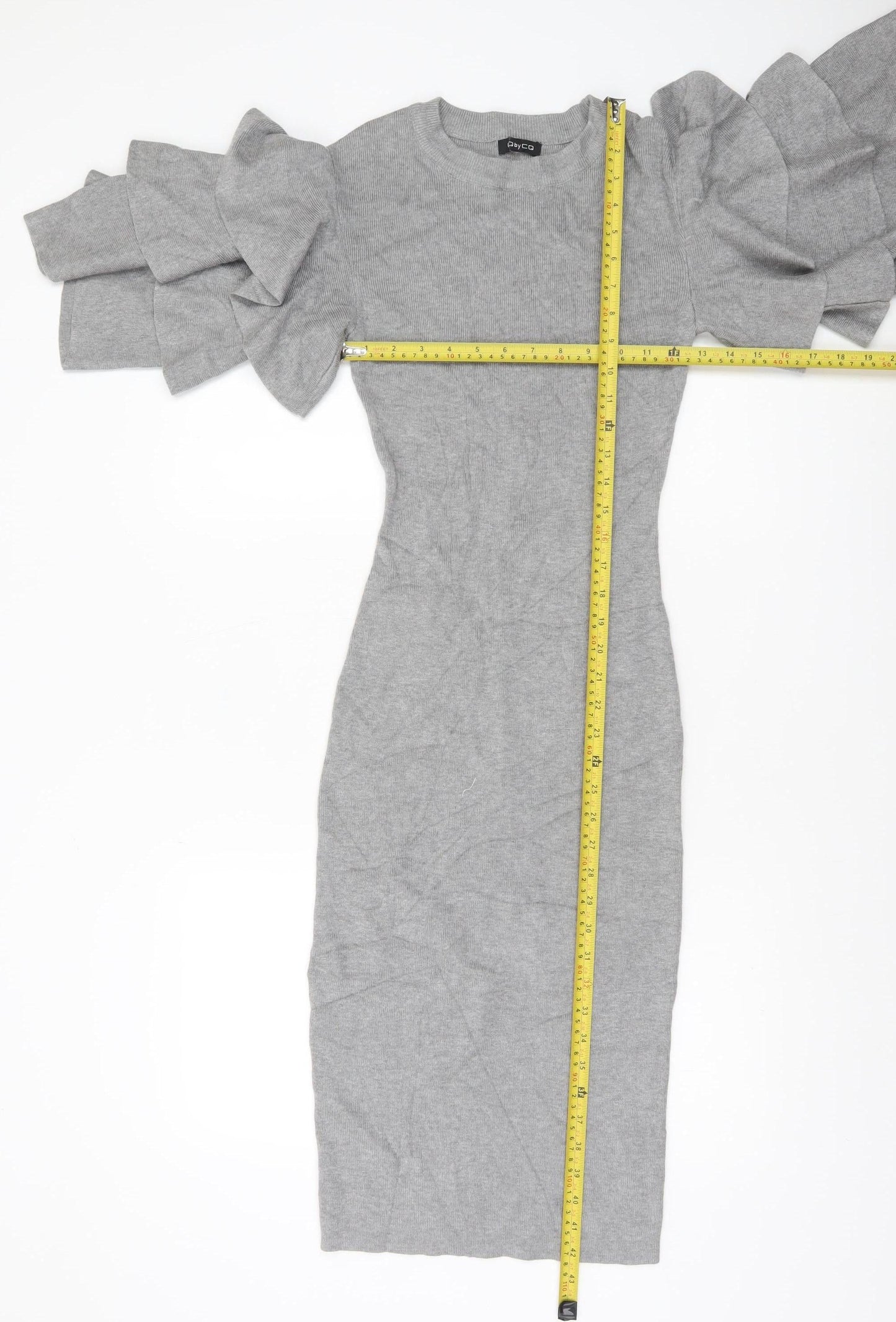 CQ by CQ Women Grey Midi Bodycon Knit Dress Small Ruffle Sleeves
