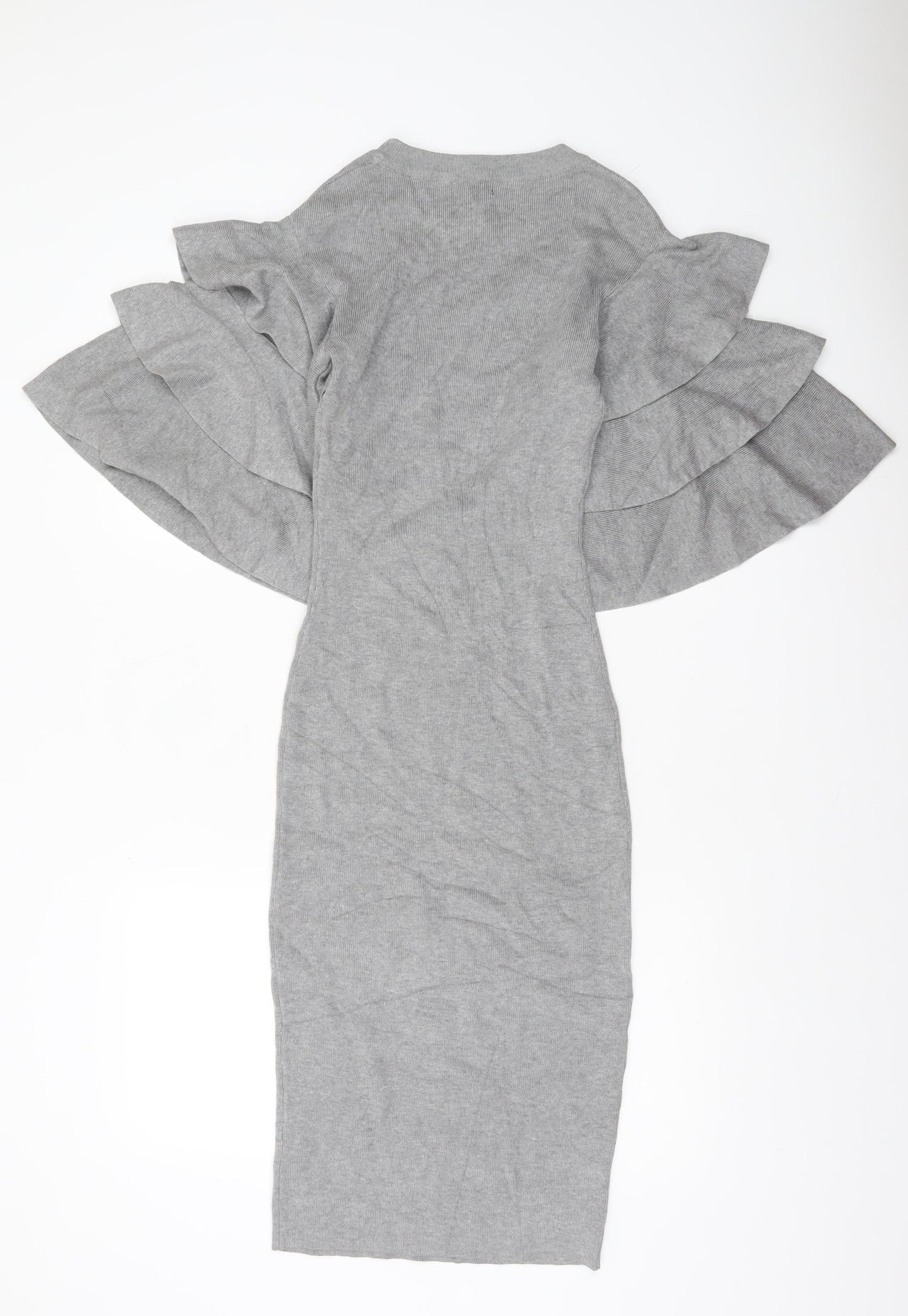 CQ by CQ Women Grey Midi Bodycon Knit Dress Small Ruffle Sleeves