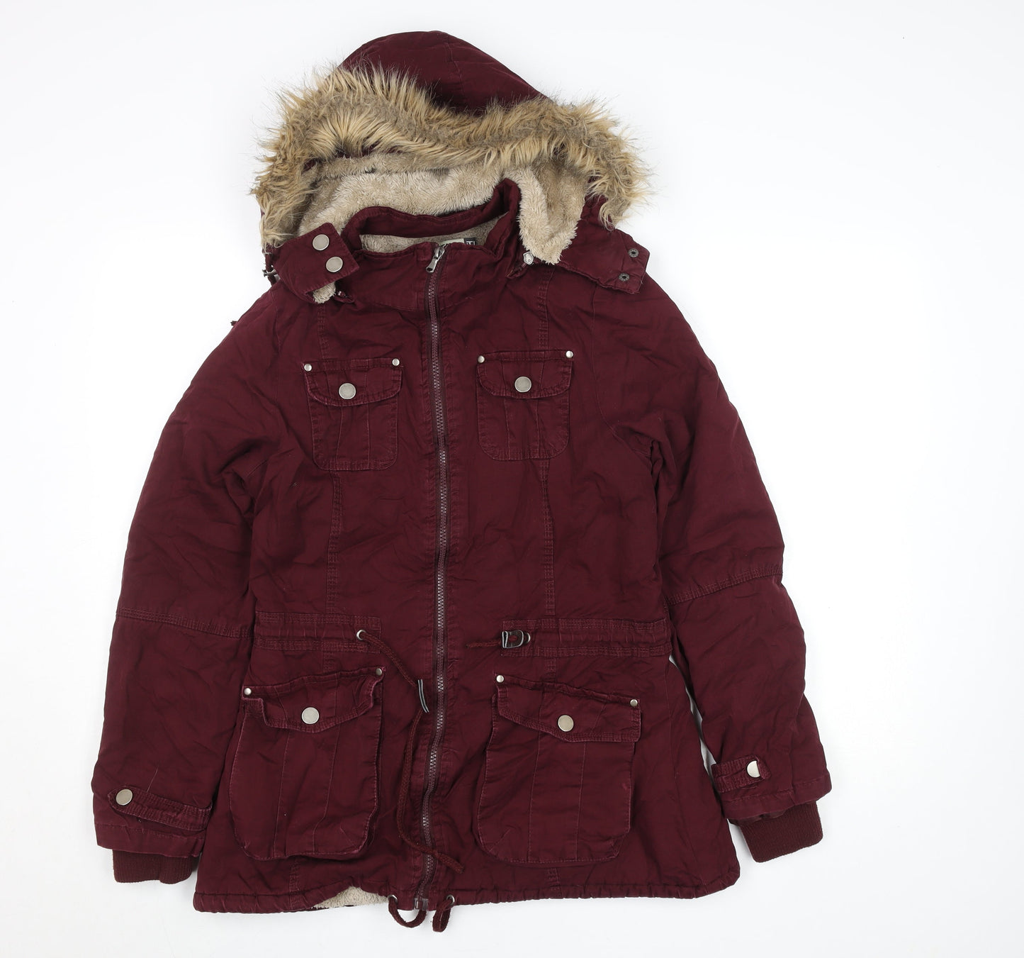 That's It! Women’s Red Hooded Parka Jacket L Faux Fur Winter Coat
