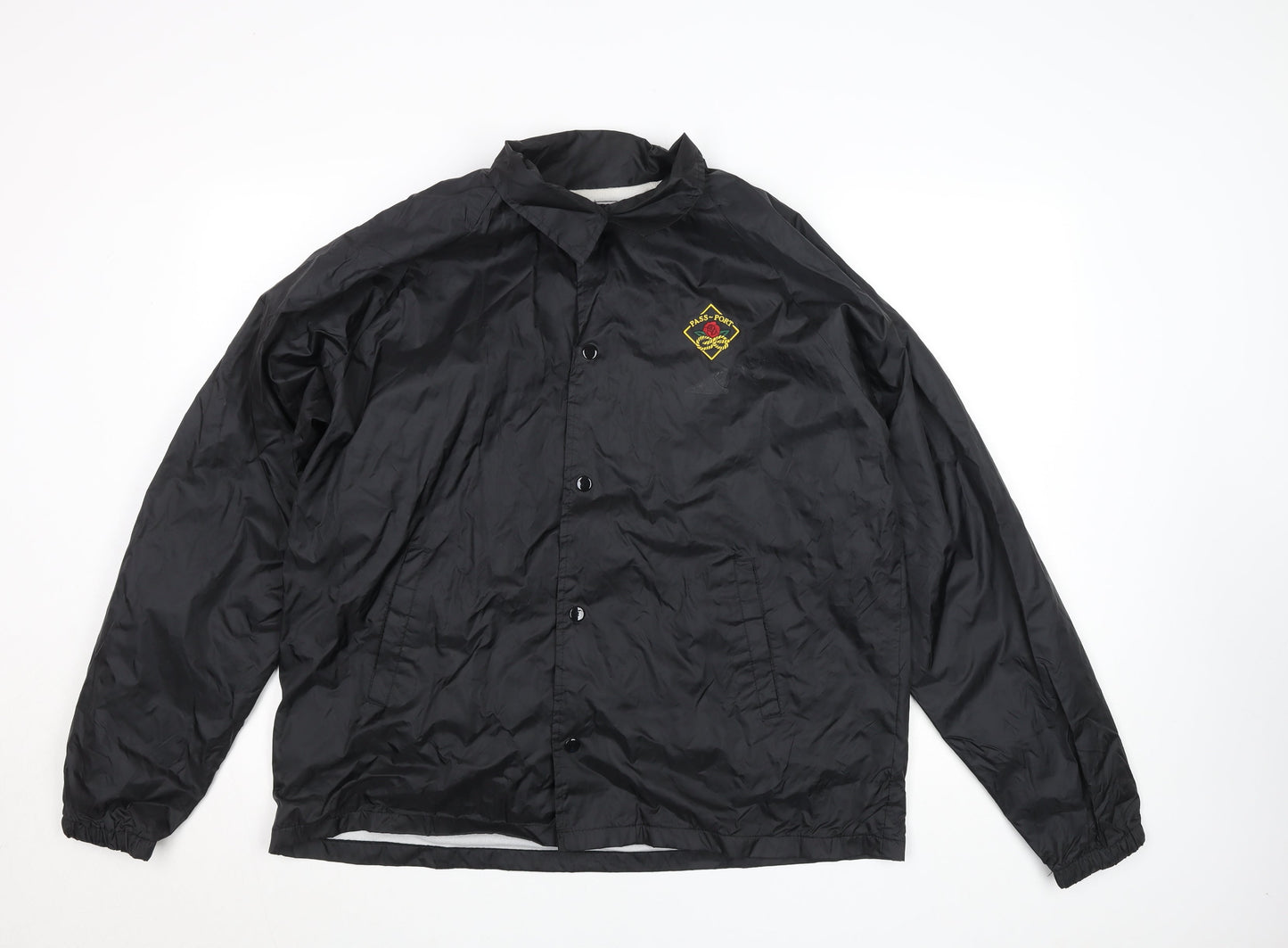 PASS PORT Women's Black Nylon Coach Jacket Size L Embroidered Logo