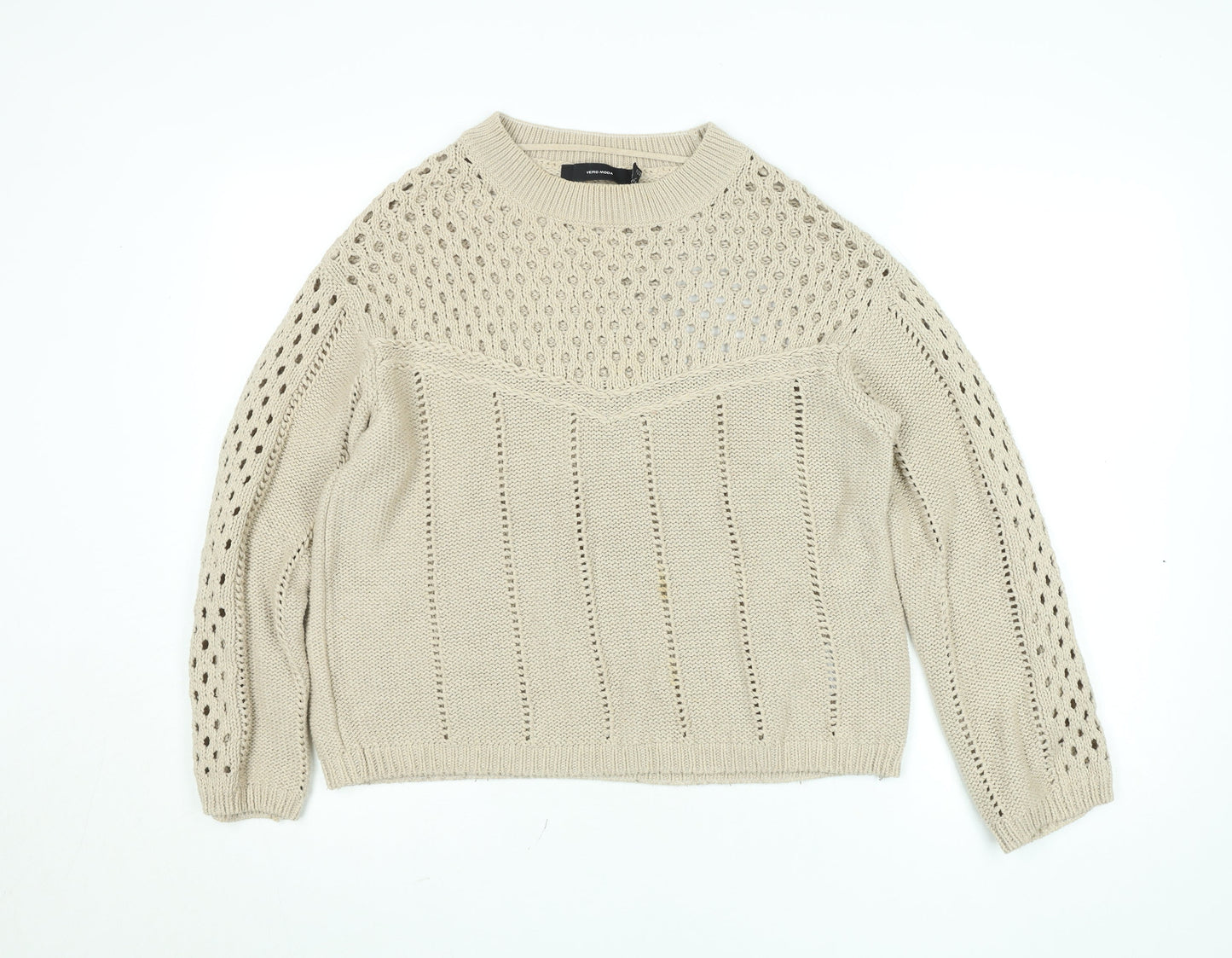 Vero Moda Women Beige Open Knit Cotton Jumper Size S