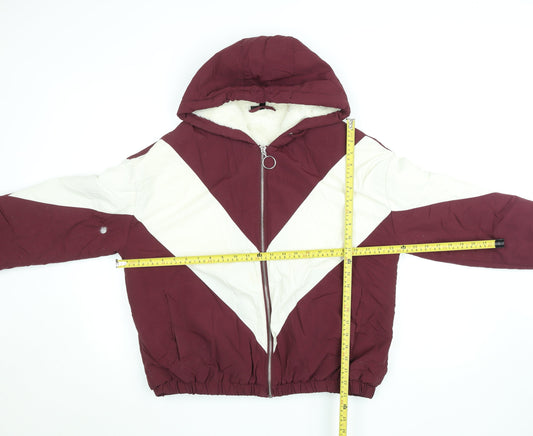 Topshop Women Burgundy White Puffer Jacket Size 12 Hooded Winter Coat
