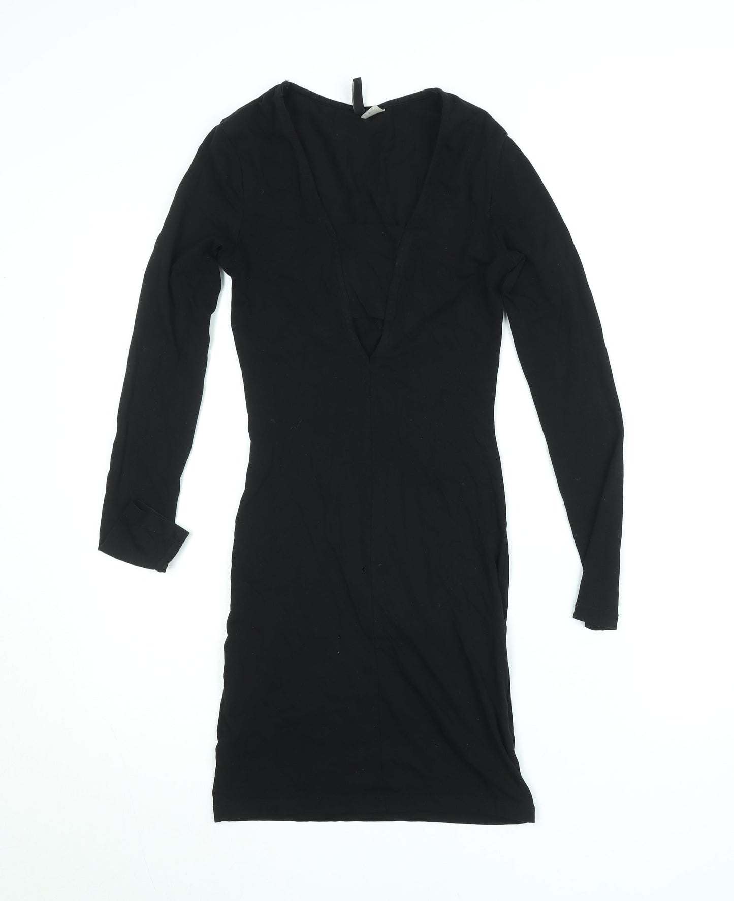 H&M Women Black Bodycon Short Dress Size 6 V-Neck Long Sleeve