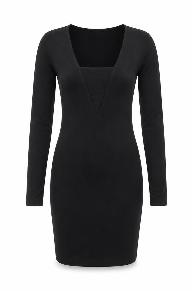 H&M Women Black Bodycon Short Dress Size 6 V-Neck Long Sleeve