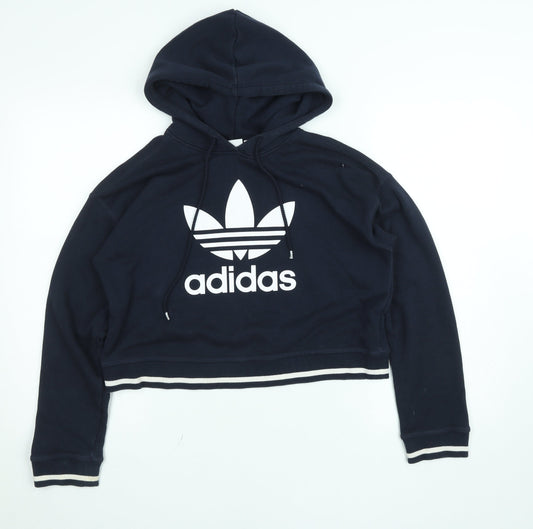 Adidas Women Navy Blue Cropped Hoodie Size 8 Cotton Blend Logo
