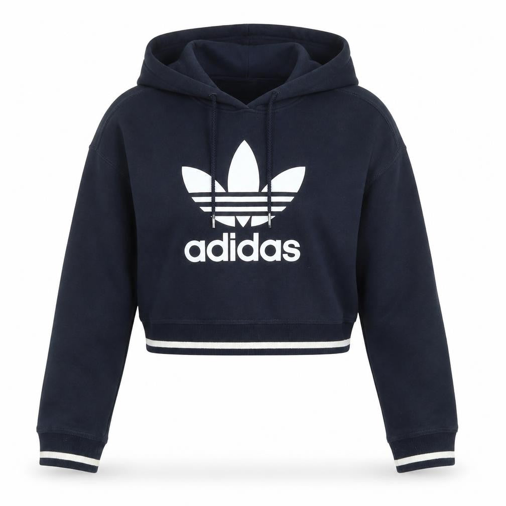 Front view of Adidas Women Navy Blue Cropped Hoodie, size 8, Cotton Blend Logo