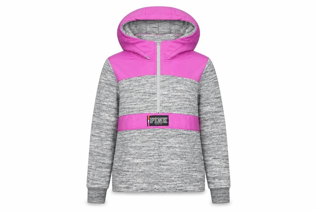 Victoria's Secret PINK Women's Grey & Pink 1/4 Zip Hooded Sweatshirt XS