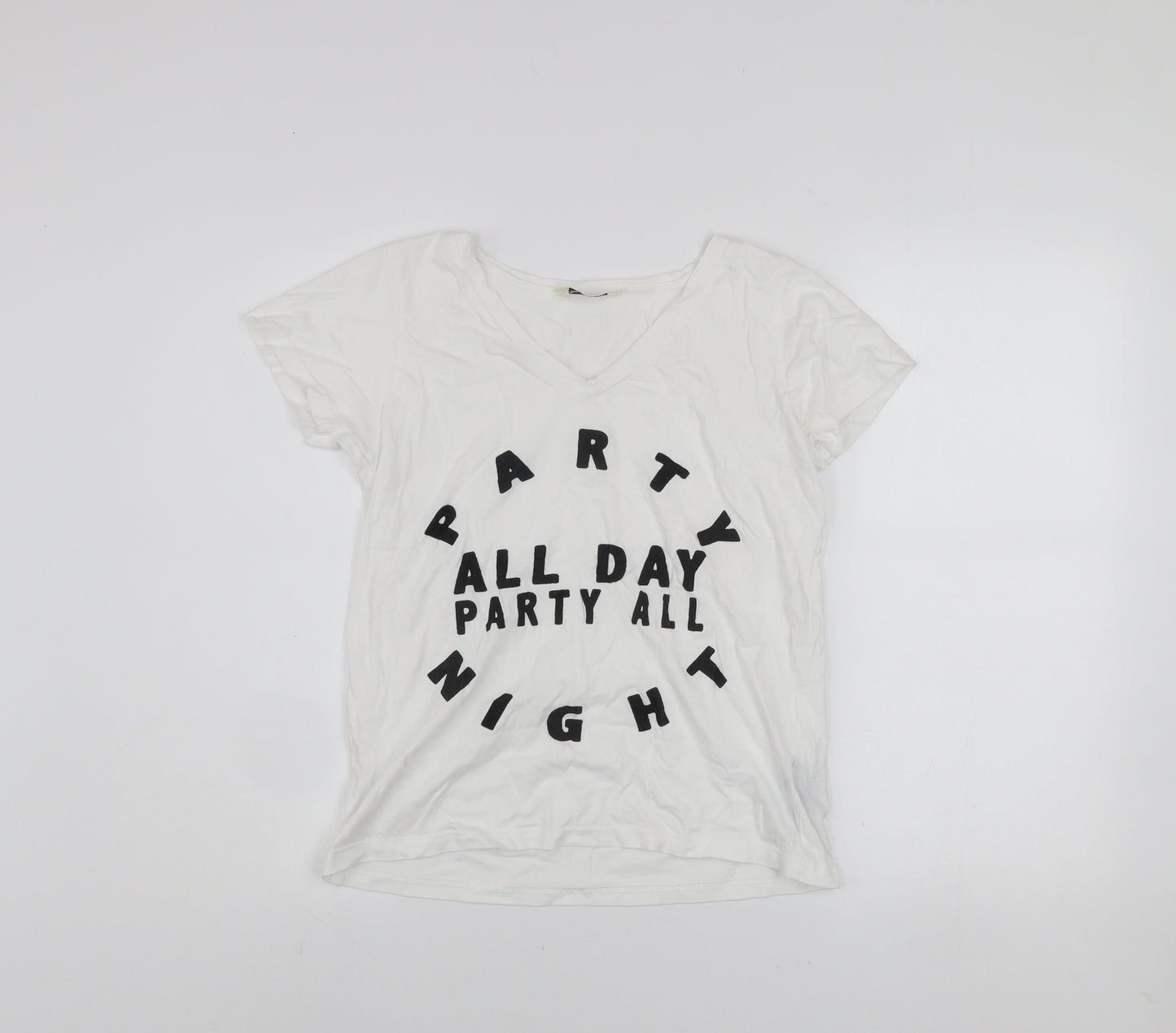 Miss Selfridge Women's White V-Neck Party Print Cotton T-Shirt Size 6