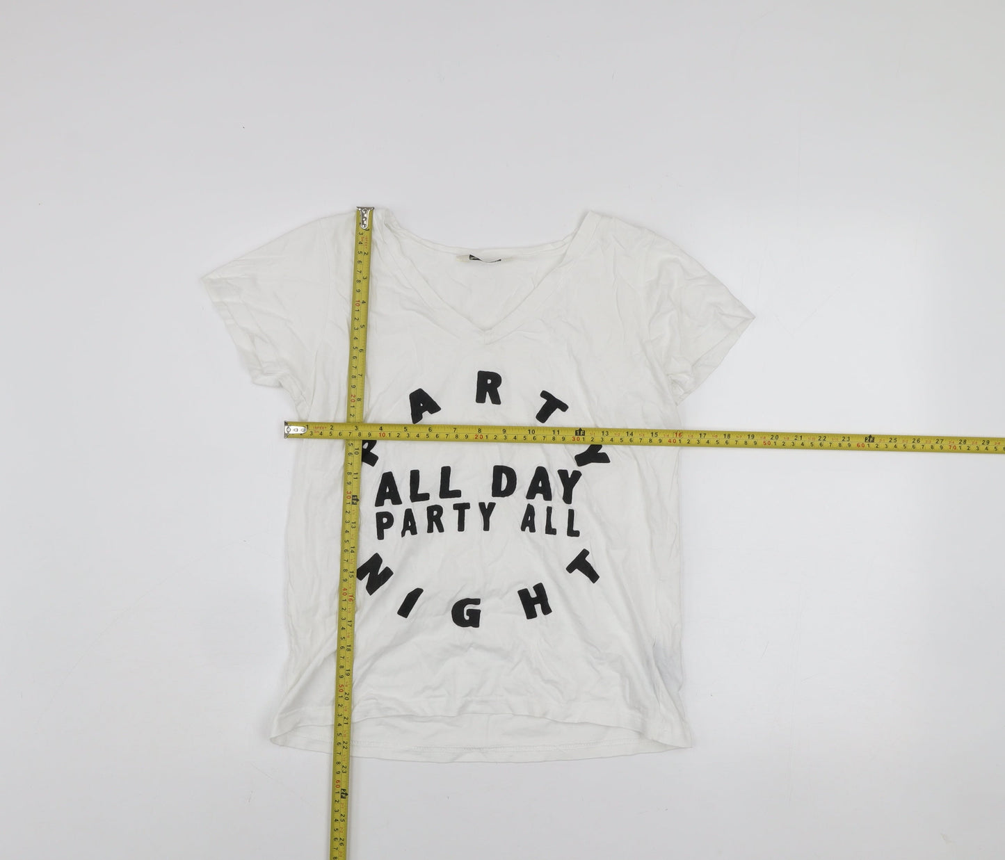 Miss Selfridge Women's White V-Neck Party Print Cotton T-Shirt Size 6
