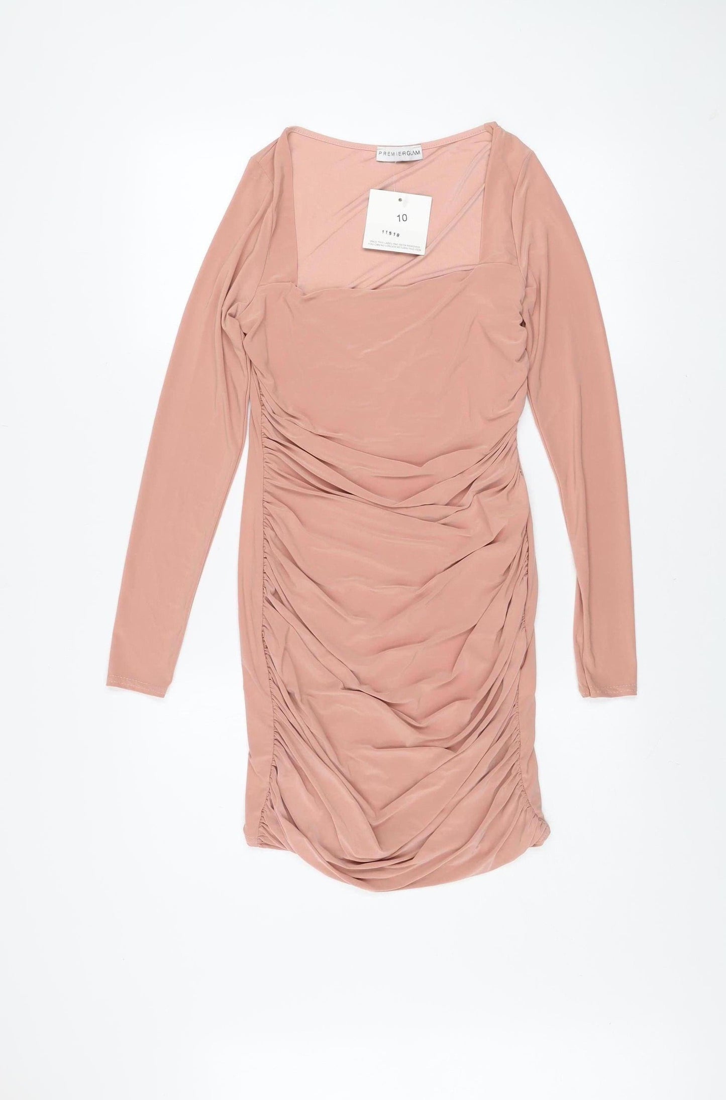 Premier Glam Women’s Beige Ruched Bodycon Dress Size 10 Long Sleeve Party